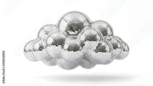 Surreal abstract cloud made of clustered silver mirror disco ball spheres isolated on white background, creative concept
