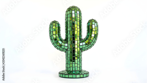 Stylized desert cactus plant with green mirror disco ball mosaic texture isolated on white background, modern decor concept