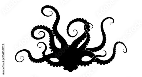 Photos Black Octopus Silhouette with Curled Tentacles on White Background - Vector Art