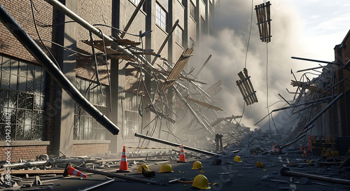 Dramatic scene of a catastrophic scaffolding accident at an industrial construction site with collapsed metal structures smoke debris and scattered safety hard hats