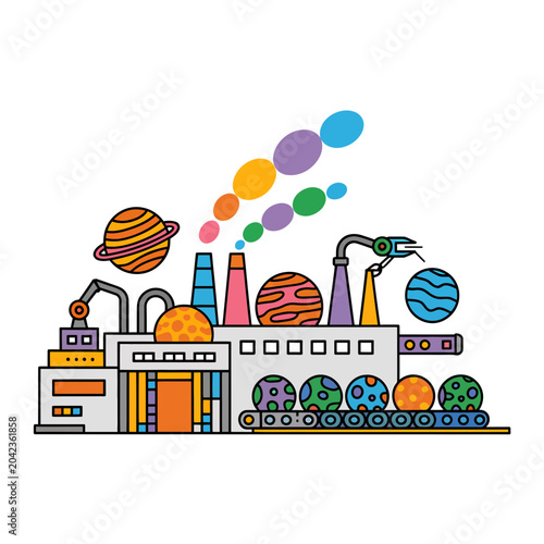 Colorful Space Factory Producing Planets and Smoke