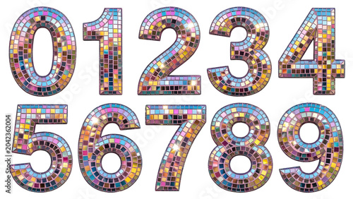 Colorful multi colored disco ball mirror mosaic numbers set from 0 to 9 isolated on white background, festive typography