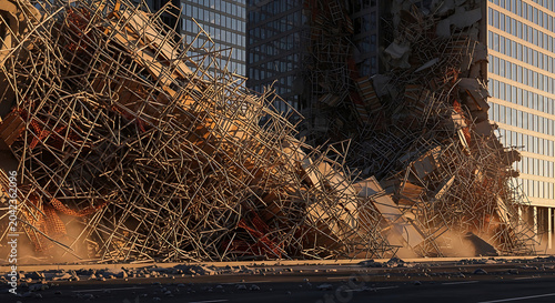 Catastrophic Scaffolding Accident and Structural Building Collapse in Urban City Environment with Debris and Dust Representing Construction Site Safety and Failure Risks