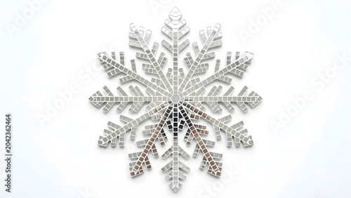 Elegant silver mirrored snowflake ornament isolated on white background, winter christmas holiday concept