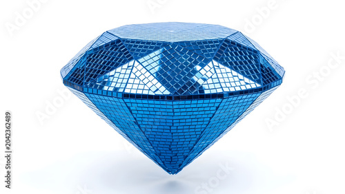 Luxury blue mirrored diamond gem with shiny reflective facets isolated on white background, precious jewel concept