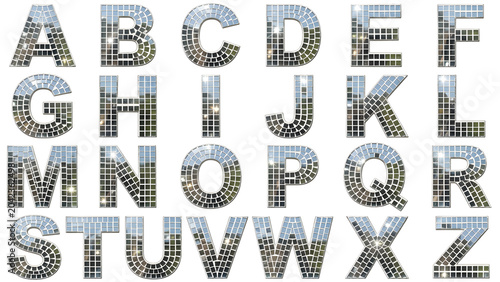 Silver disco ball alphabet letters set from A to Z isolated on white background, 3d render typography font