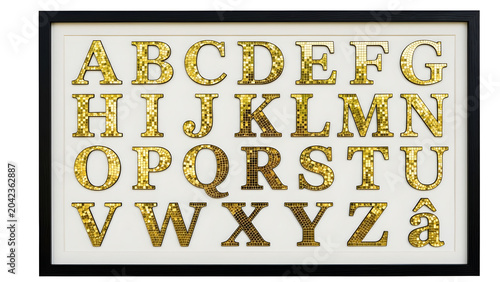 Luxury framed gold mirrored alphabet letters set from A to Z isolated on black background, premium typography
