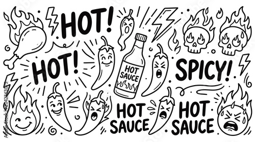 Принти на полотні Doodle set of hot sauce bottles peppers and skull signs.