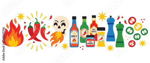 Tableau sur toile Spicy food ingredients set with peppers and hot sauce.
