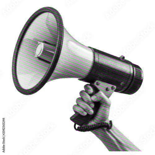 Foto Trendy Halftone Collage collection of Hand holding Megaphone, hand holding vinta