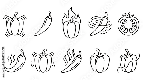 Fotografía Chilli peppers line icon set black white style.