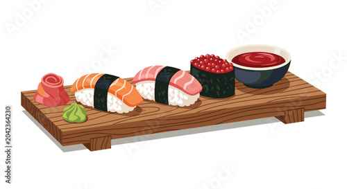 Delicious assortment of fresh sushi pieces served on a traditional wooden board with ginger, wasabi, and soy sauce.
