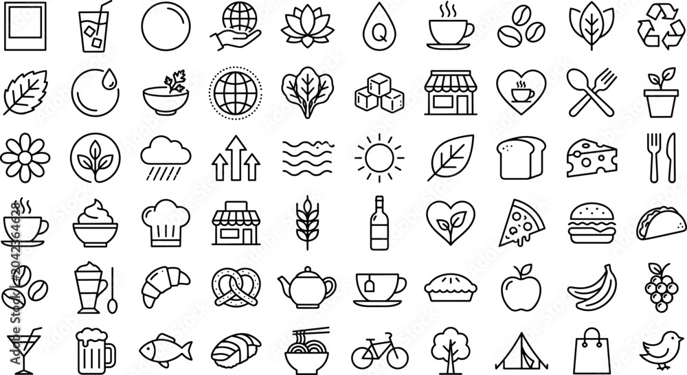 Naklejka premium Eco friendly food and lifestyle outline icons set featuring organic products cafe dining nature and sustainability line symbols