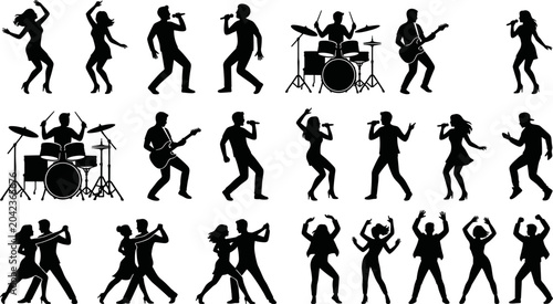 Fotografía Live music band and dancing people black silhouette set featuring singers musici