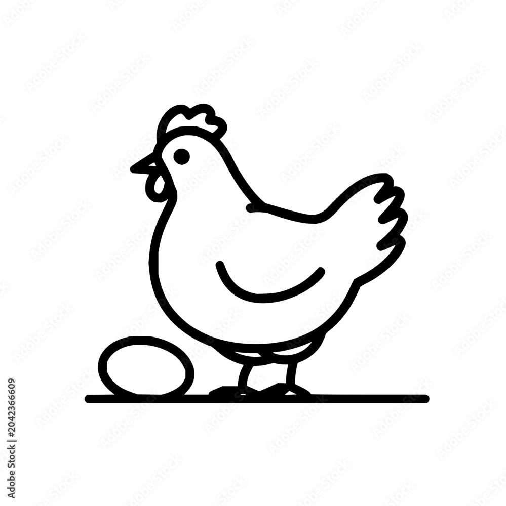 Fototapeta premium A simple line drawing of a chicken standing next to an egg on a horizontal ground line art image