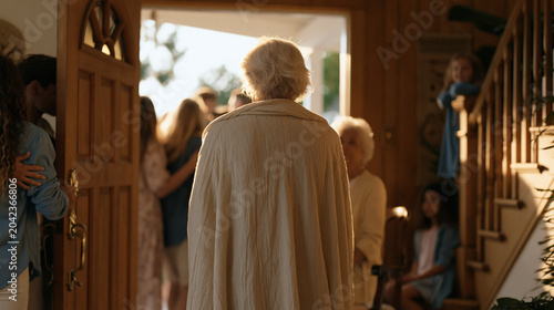 Extended family streams through the front door of a modest ranch house, cousins embracing in the entryway, an elderly matriarch being guided to a chair, and a child sitting on the
