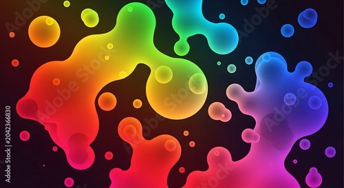 Vibrant, fluid, organic shapes with rainbow colors and glowing bubbles on black