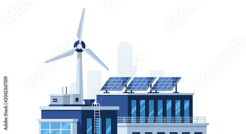 Sustainable Building with Solar Panels and Wind Turbine - Green Energy and Smart City Concept Illustration