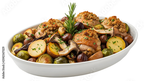 Roasted chicken thighs with potatoes and vegetables in as transparent object