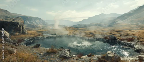 Panel kuchenny z motywem Panoramic alien terrain with rocky mountains, barren wasteland and steaming turquoise geothermal pool. Misty vapors rise from crater lake amid dry grass and distant snowy peaks under hazy sky