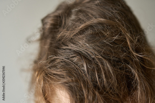 Curly Brown Hair Loose And Slightly Tangled In Neutral Indoor Close Up Showing Detailed Texture Strands Scalp Edge And Natural Light Highlighting Frizz And Wave Patterns On Crown.