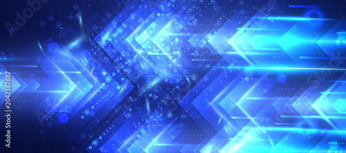 Abstract technology background with glowing blue arrows and digital geometric shapes.