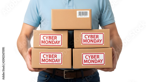 Man holding stack of cyber monday shipping boxes as isolated element
