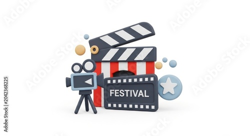 3d cinema festival icons with camera and clapperboard