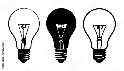 Quadro em tela Lightbulb inspiration icon set with flat silhouette in solid black on white back