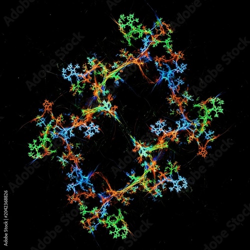 Vibrant fractal branches intertwine in a symmetrical, luminous, dark-background design