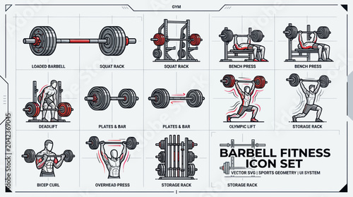Photos Barbell Fitness Icon Set: Gym Equipment & Exercises Vector Illustration
