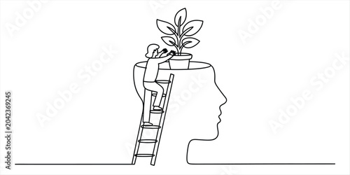 Continuous line drawing of a person climbing a ladder into a human head to plant a growing green tree Vector, illustration