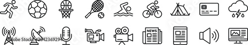 Sports and media thin line vector icon set featuring running soccer basketball tennis swimming