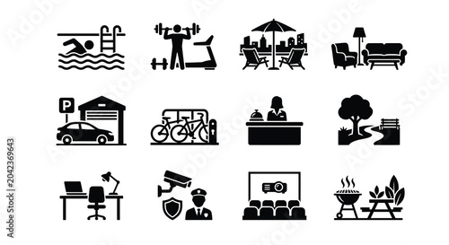Fotografie Black silhouette icons for various aspects of modern life and services