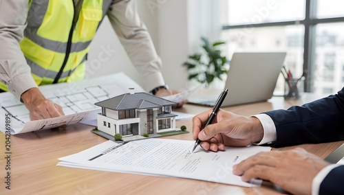 Close shot of a man finalizing a house-building contract with a contractor