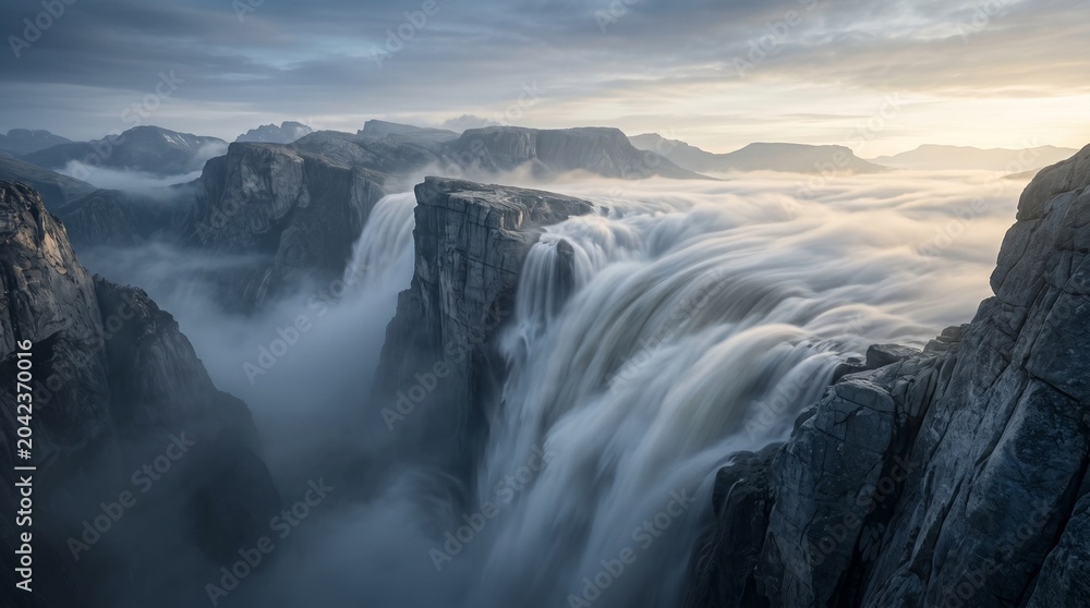 Fototapeta premium Misty Waterfall Overlooking Canyon at Dawn – Majestic Landscape