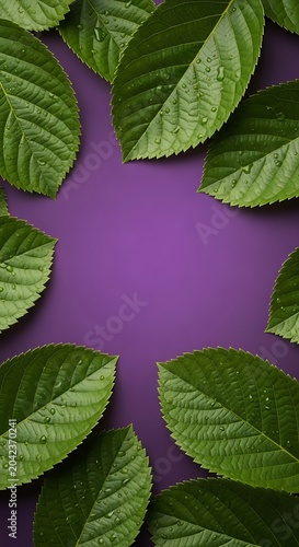 Vibrant green leaves with water droplets frame a soft purple background