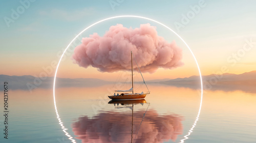 A serene sailboat floats on a calm, mirrorlike lake during a soft sunset, framed by a glowing neon circular arch with a dreamy, fluffy pink cloud hovering directly above the vessel