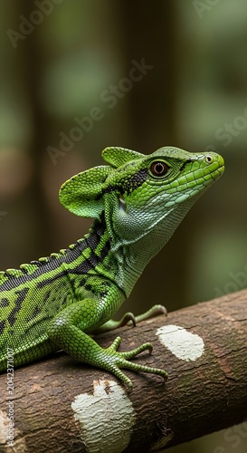 Vibrant green lizard with crest perches on mossy branch, natural background