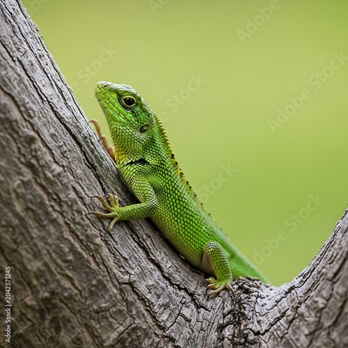 Vibrant green lizard with textured scales perches on a weathered tree branch