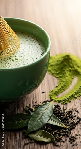 Vibrant green matcha, whisked in bowl, beside loose leaves and powder