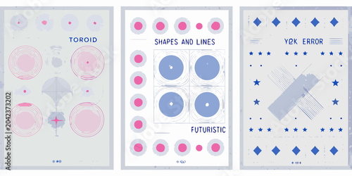 Photos three vertical posters with geometric patterns toroid