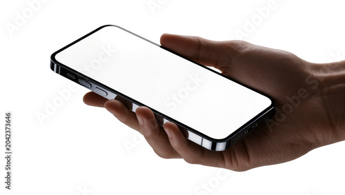 Obraz na plátně Human hand holding modern smartphone with blank white screen, isolated on transp