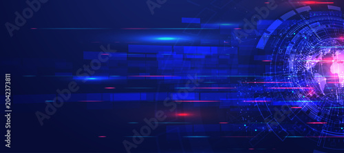 Abstract digital globe with technological elements and light streaks on dark blue background.