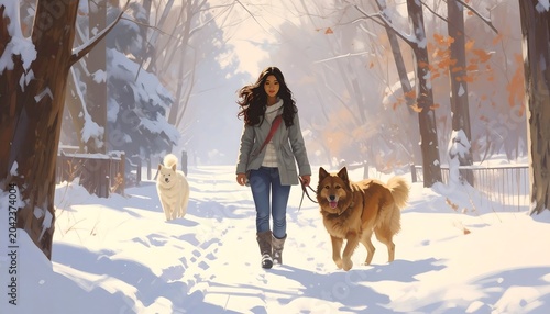 A young woman, wrapped warmly, walks through a snowy, sun-dappled park with two fluffy dogs. Winter landscape