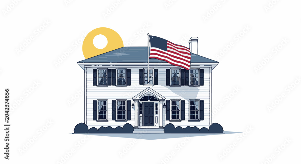 Naklejka premium Stylized illustration of a colonial-style house with an American flag