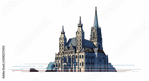A detailed, graphic illustration of a large gothic cathedral with spires