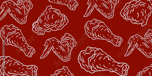 Fried chicken seamless pattern background. Cartoon illustration of crispy chicken wings and drumsticks. Fast food texture.