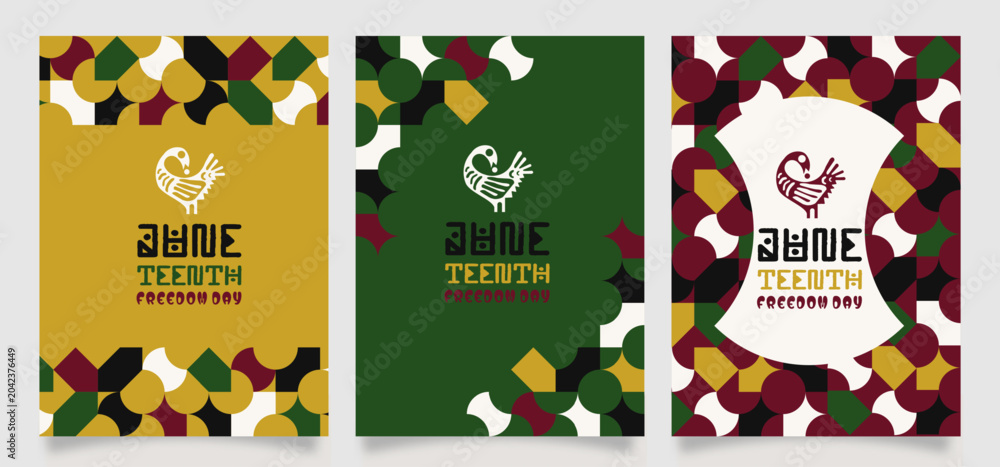 Fototapeta premium Juneteenth Freedom Day poster set templates featuring bold typography, African-inspired and rich green, burgundy, and gold colors. ideal for holiday promotions, cultural events, social media