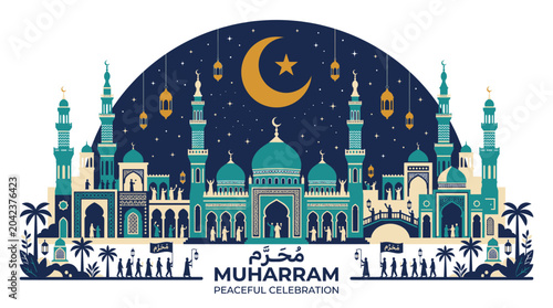 Fotografía Muharram Peaceful Celebration Islamic Architecture Mosque Silhouette at Night Ra